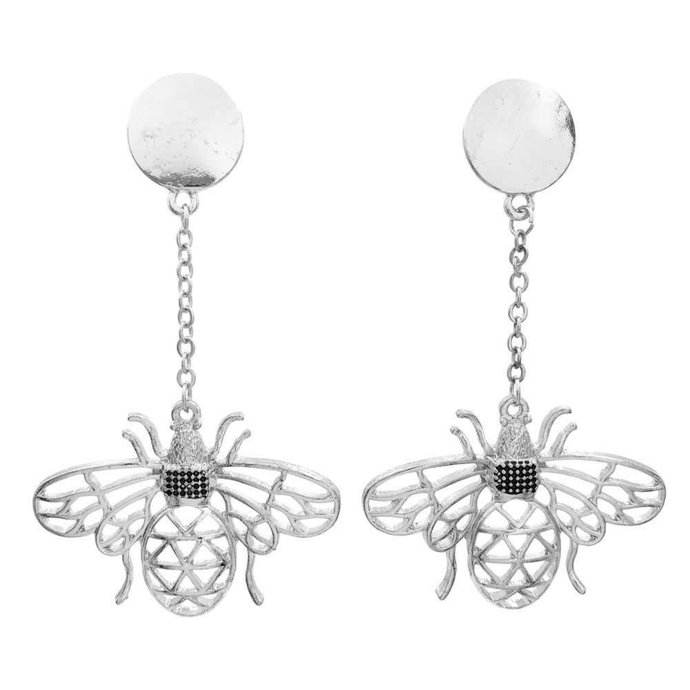 Silver Tone Bee Statement Post Drop Dangle Earrings